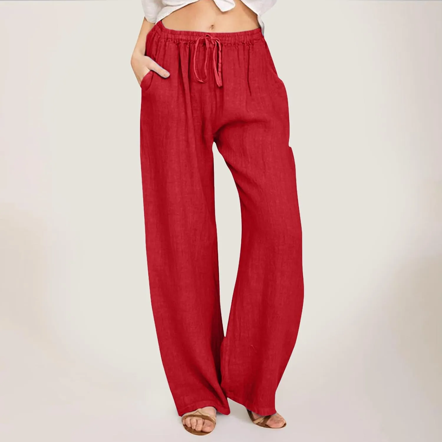 Women's Cotton and Linen Pants Dressy Loose High Waist Ruched Wide Leg Yoga Palazzo Pant Trousers with Pocket