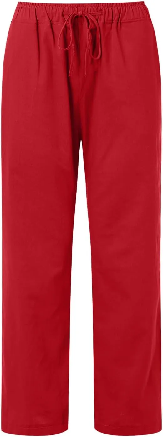 Women's Cotton and Linen Pants Dressy Loose High Waist Ruched Wide Leg Yoga Palazzo Pant Trousers with Pocket
