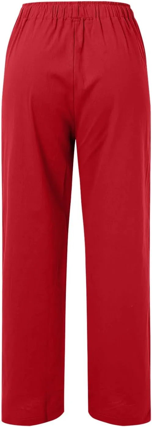 Women's Cotton and Linen Pants Dressy Loose High Waist Ruched Wide Leg Yoga Palazzo Pant Trousers with Pocket