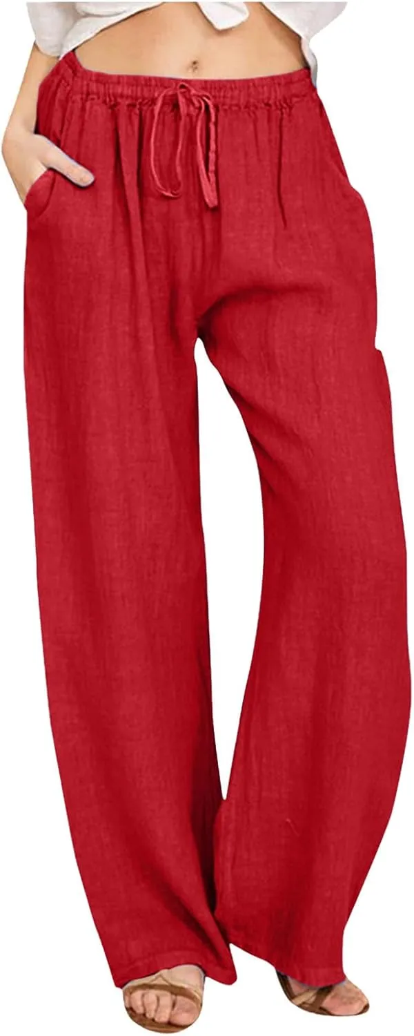 Women's Cotton and Linen Pants Dressy Loose High Waist Ruched Wide Leg Yoga Palazzo Pant Trousers with Pocket