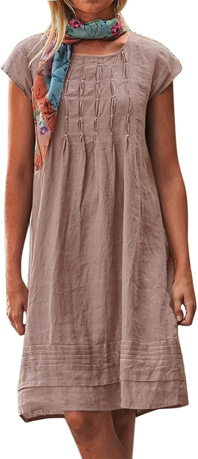 Women's Cotton Linen Midi Dress Plus Size Cap Sleeve Pleated Summer Dresses Vacation 2025 Crew Neck Casual Dress