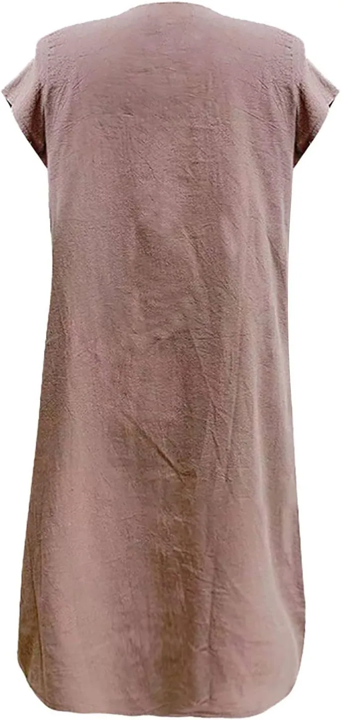 Women's Cotton Linen Midi Dress Plus Size Cap Sleeve Pleated Summer Dresses Vacation 2025 Crew Neck Casual Dress