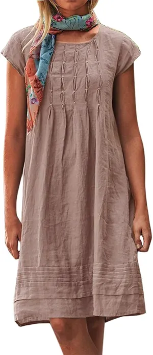 Women's Cotton Linen Midi Dress Plus Size Cap Sleeve Pleated Summer Dresses Vacation 2025 Crew Neck Casual Dress