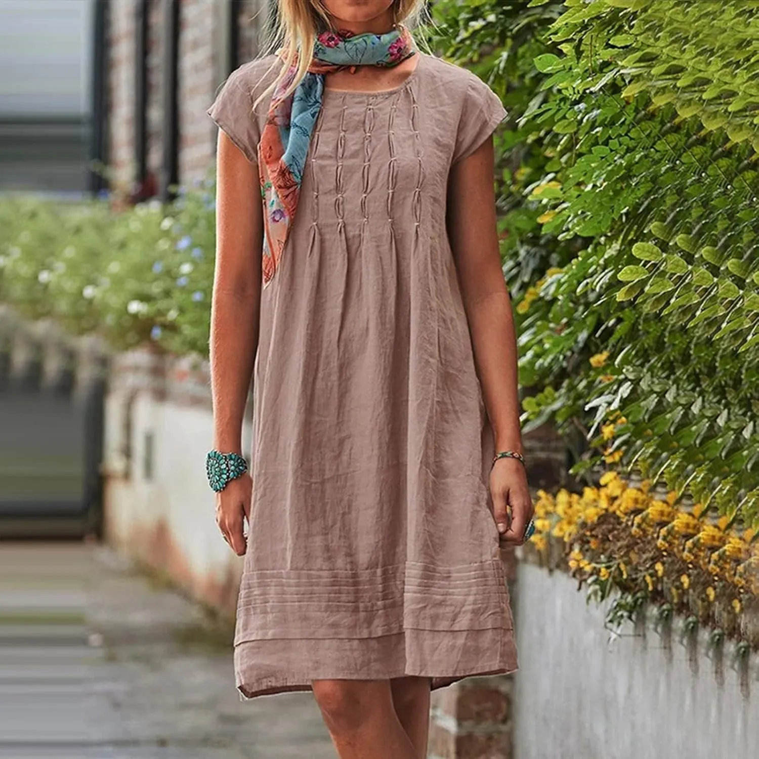 Women's Cotton Linen Midi Dress Plus Size Cap Sleeve Pleated Summer Dresses Vacation 2025 Crew Neck Casual Dress