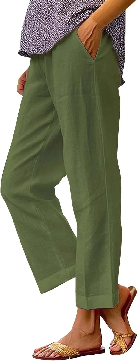 Women's Cotton Linen Pants Elastic Pants Long Drawstring Linen Women Waist Cotton Casual Pants Casual Wide Leg Loose