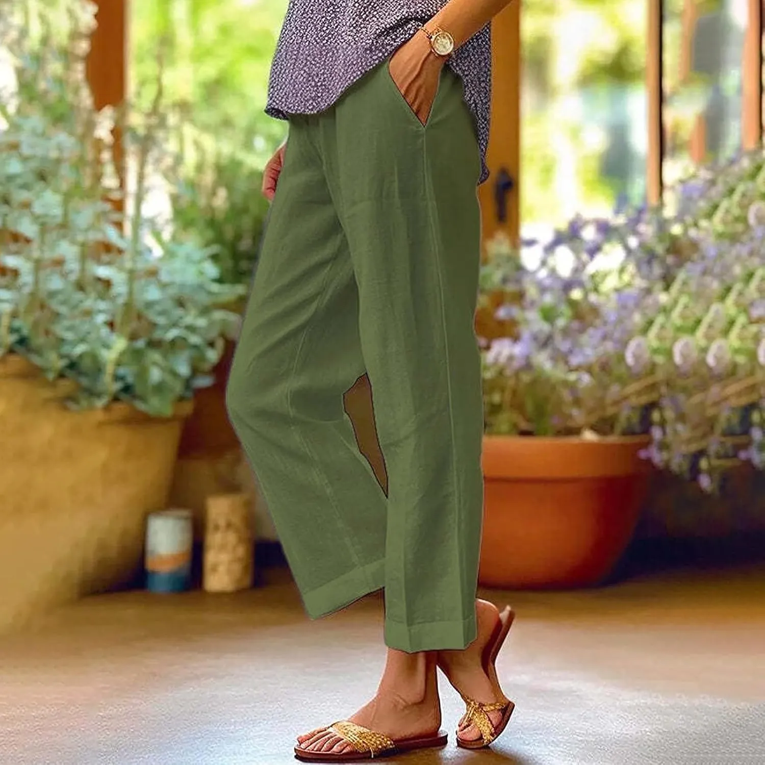 Women's Cotton Linen Pants Elastic Pants Long Drawstring Linen Women Waist Cotton Casual Pants Casual Wide Leg Loose