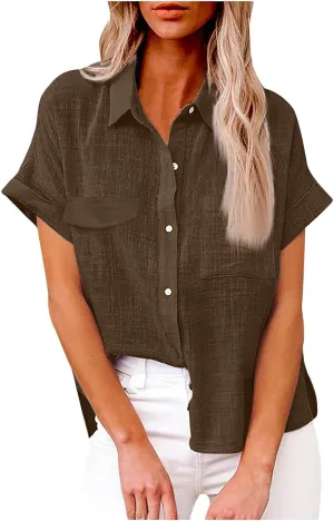 Womens Cotton Linen Short Sleeve Shirts Casual V Neck Plain Blouses Tops Collared Button Down Blouse Tops