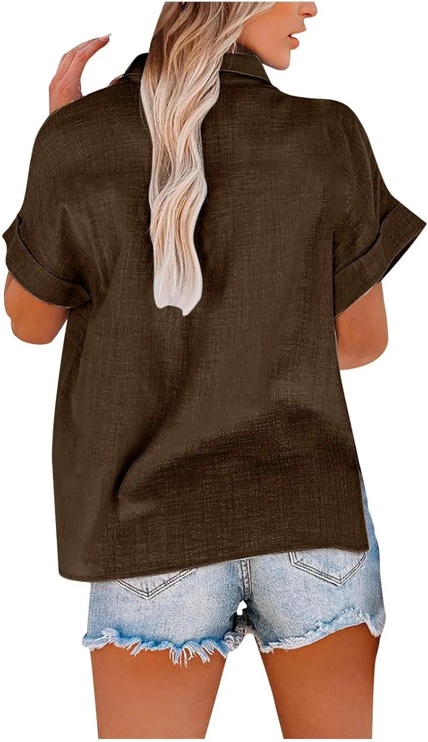 Womens Cotton Linen Short Sleeve Shirts Casual V Neck Plain Blouses Tops Collared Button Down Blouse Tops