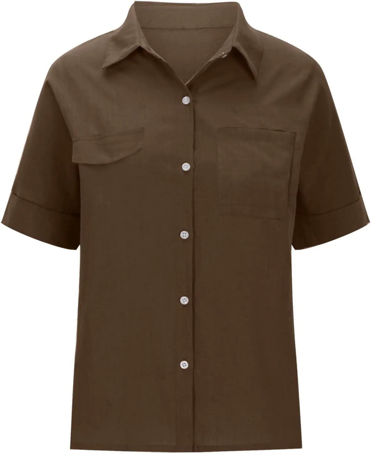 Womens Cotton Linen Short Sleeve Shirts Casual V Neck Plain Blouses Tops Collared Button Down Blouse Tops
