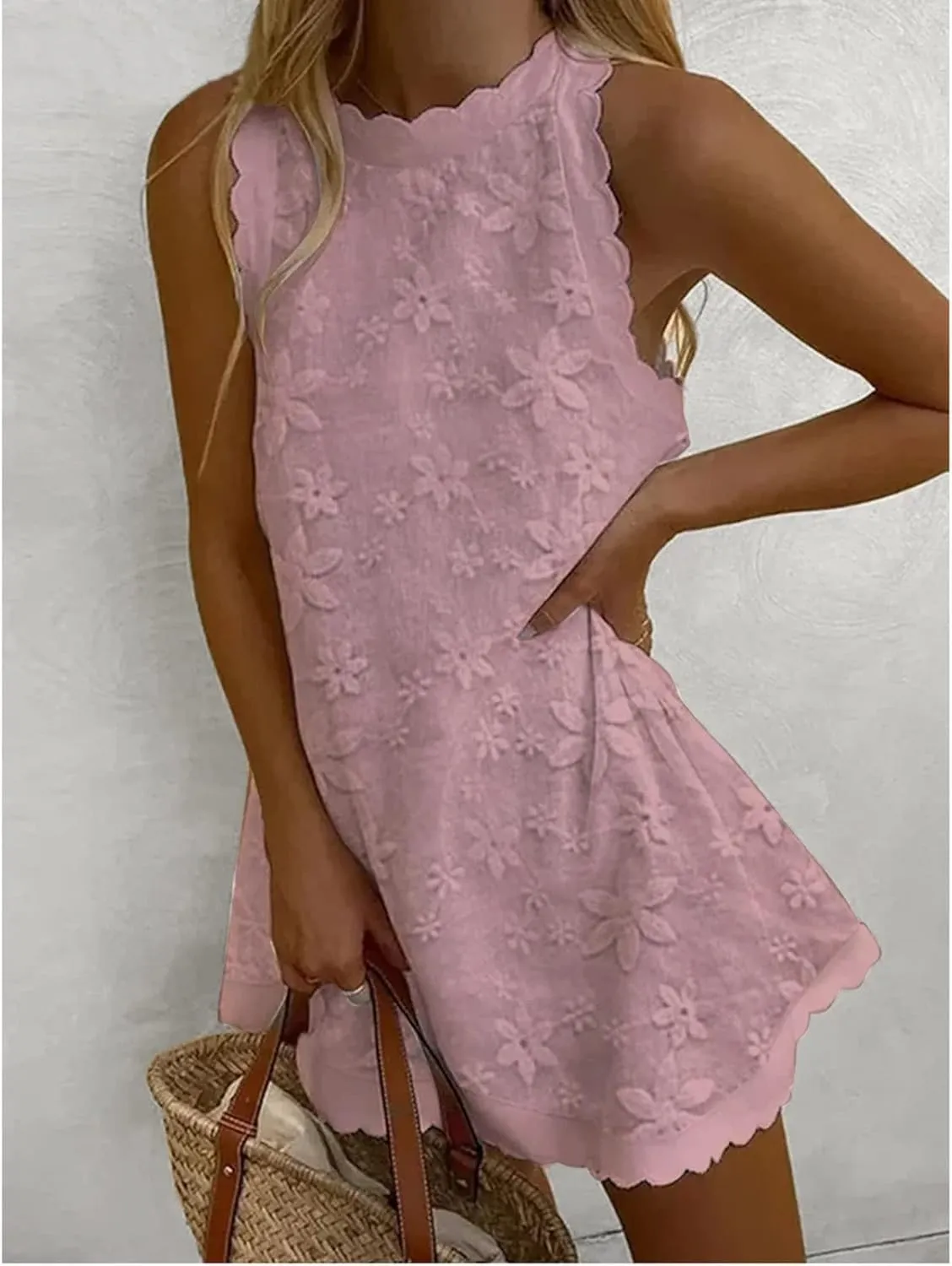 Women's Cotton Linen Tank Tops Dress Loose Fit Summer Mini Sundress Sleeveless Plus Size Stylish Lace Hem Tunic Dress