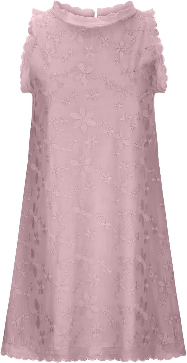 Women's Cotton Linen Tank Tops Dress Loose Fit Summer Mini Sundress Sleeveless Plus Size Stylish Lace Hem Tunic Dress