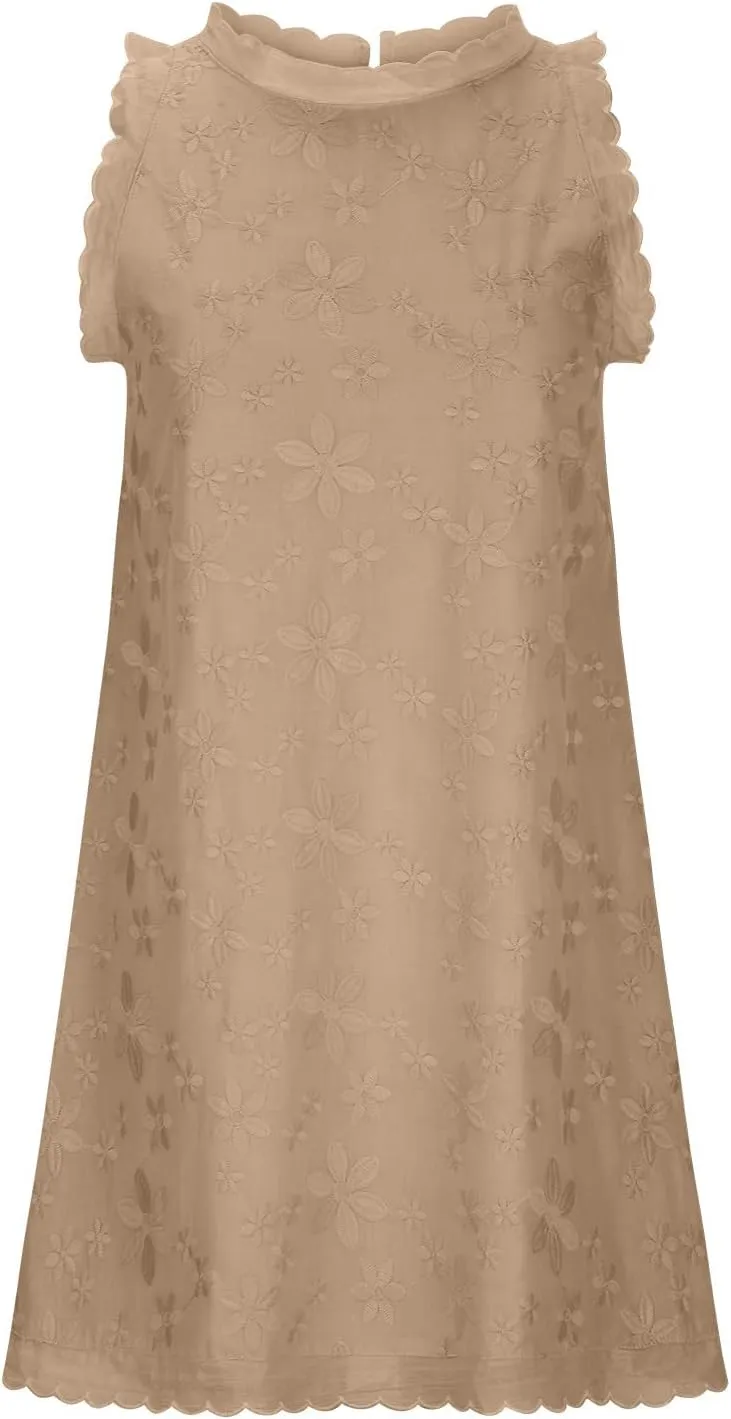Women's Cotton Linen Tank Tops Dress Loose Fit Summer Mini Sundress Sleeveless Plus Size Stylish Lace Hem Tunic Dress