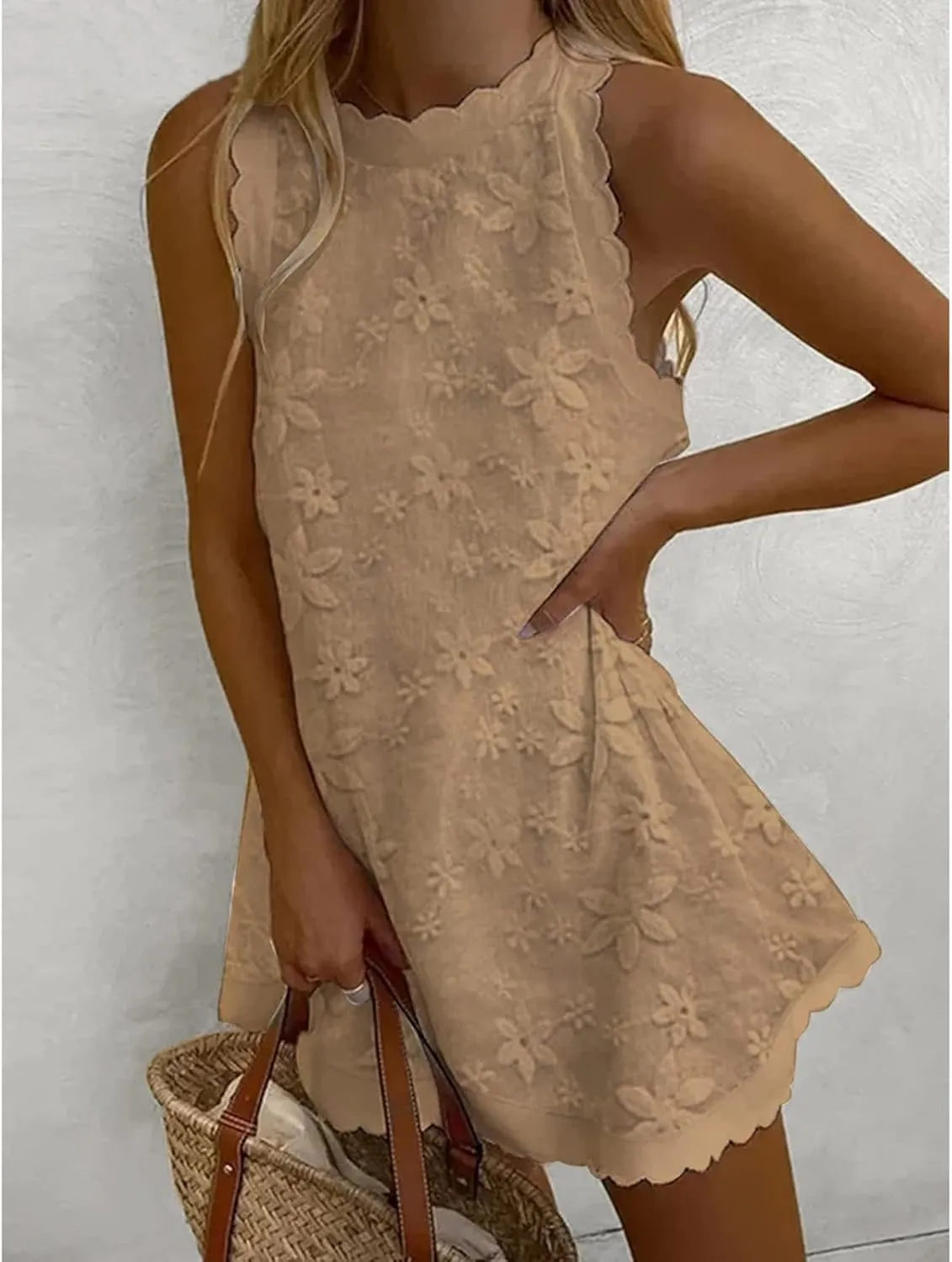 Women's Cotton Linen Tank Tops Dress Loose Fit Summer Mini Sundress Sleeveless Plus Size Stylish Lace Hem Tunic Dress