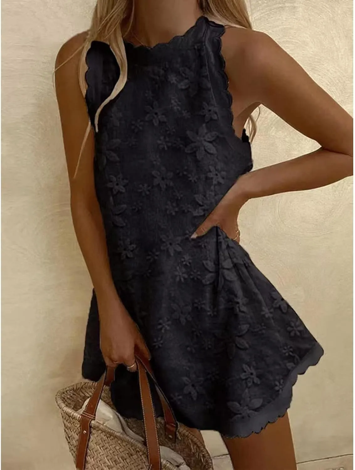 Women's Cotton Linen Tank Tops Dress Loose Fit Summer Mini Sundress Sleeveless Plus Size Stylish Lace Hem Tunic Dress