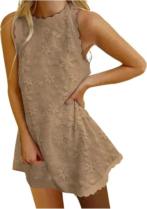 Women's Cotton Linen Tank Tops Dress Loose Fit Summer Mini Sundress Sleeveless Plus Size Stylish Lace Hem Tunic Dress