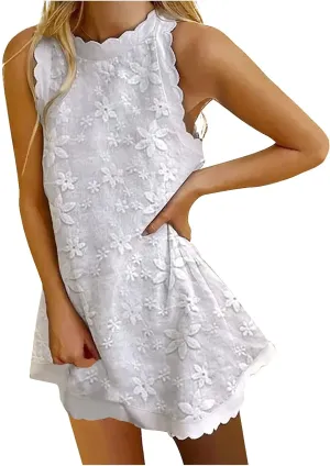 Women's Cotton Linen Tank Tops Dress Loose Fit Summer Mini Sundress Sleeveless Plus Size Stylish Lace Hem Tunic Dress