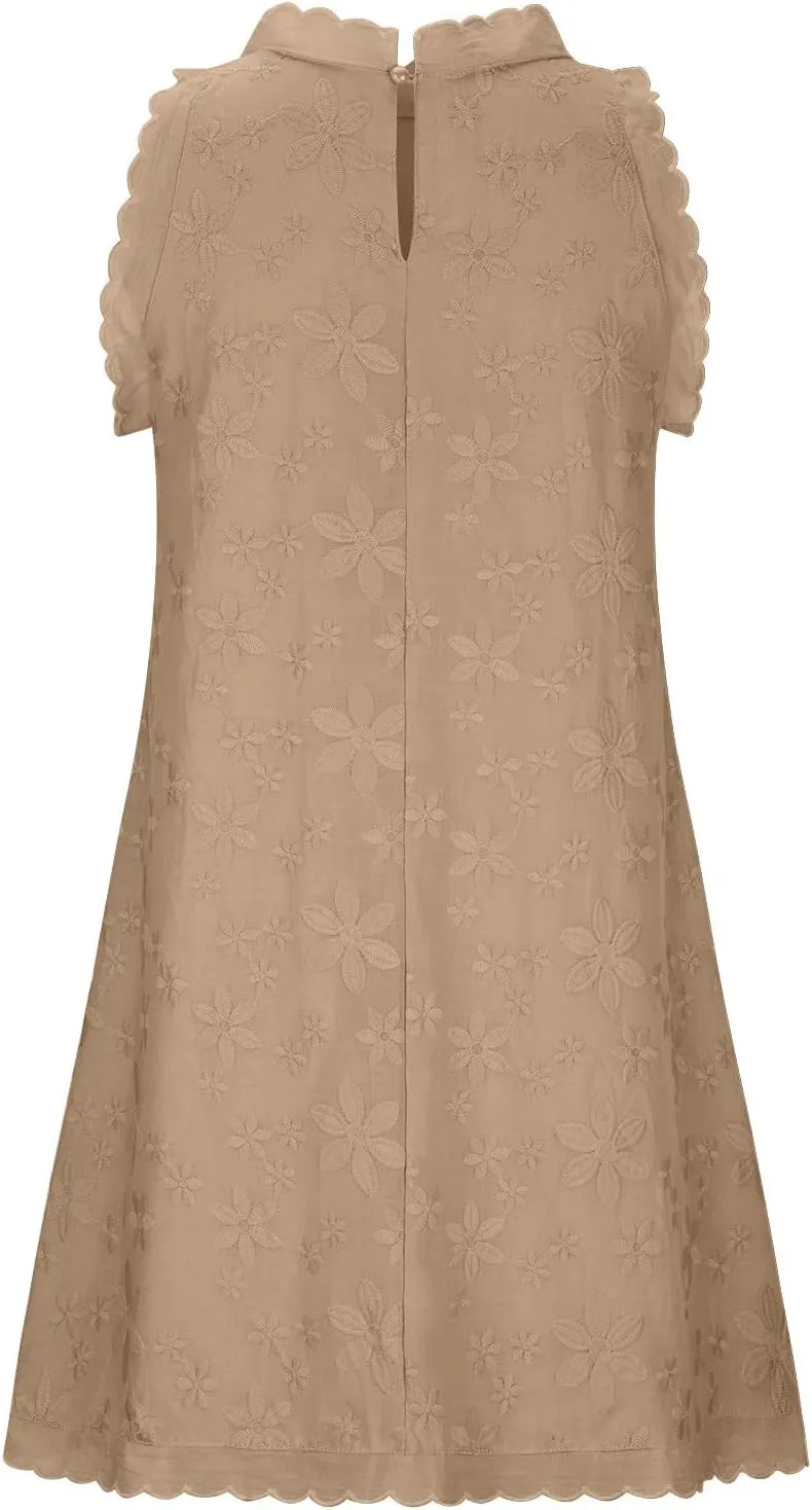 Women's Cotton Linen Tank Tops Dress Loose Fit Summer Mini Sundress Sleeveless Plus Size Stylish Lace Hem Tunic Dress