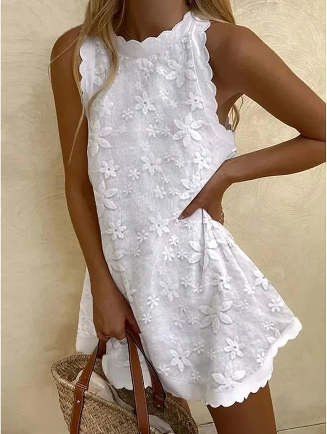Women's Cotton Linen Tank Tops Dress Loose Fit Summer Mini Sundress Sleeveless Plus Size Stylish Lace Hem Tunic Dress