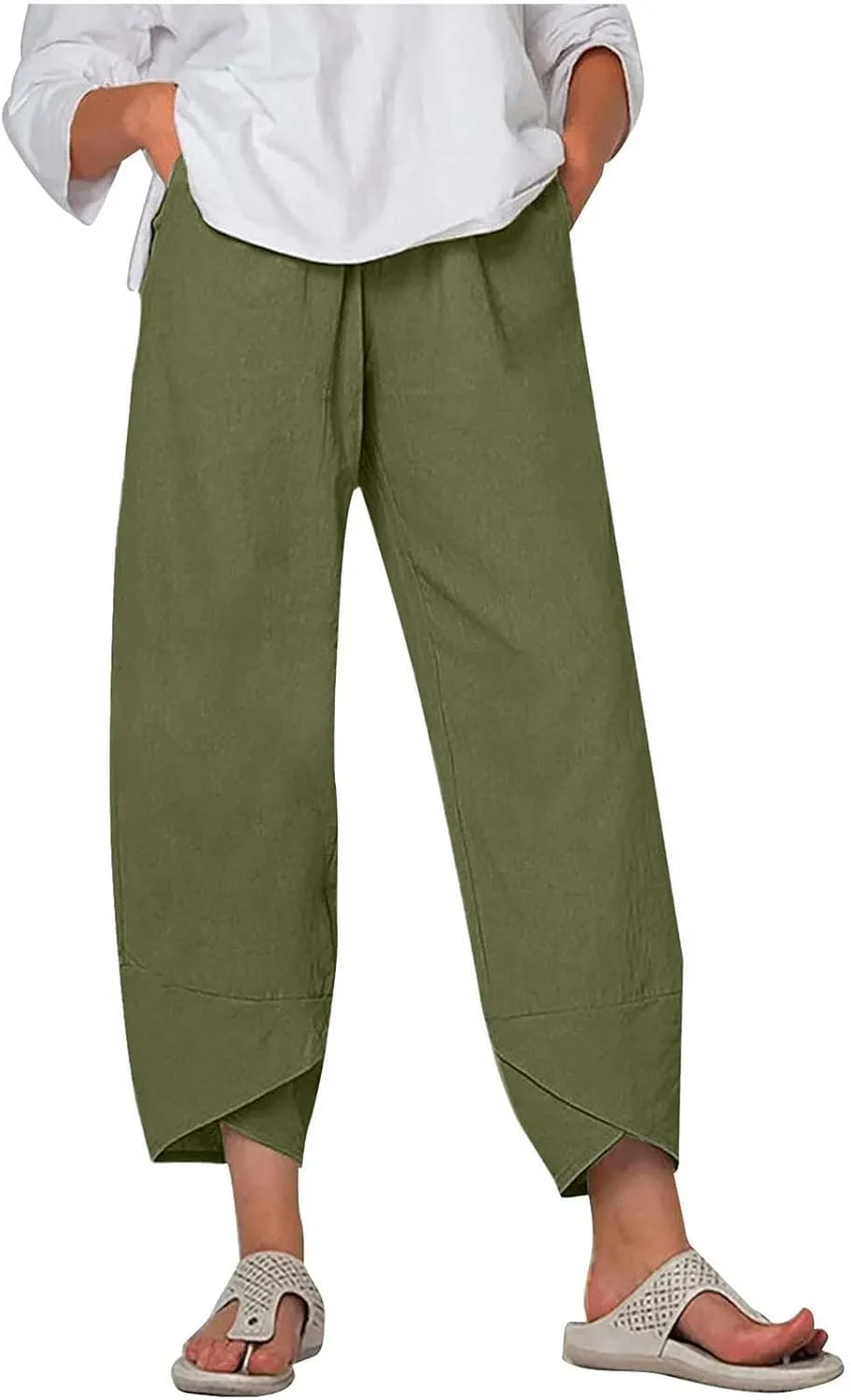 Womens Cotton Linen Tapered Capris Pants with Pokets 2025 Summer High Waist Pants Beach Casual Lounge Plus Size