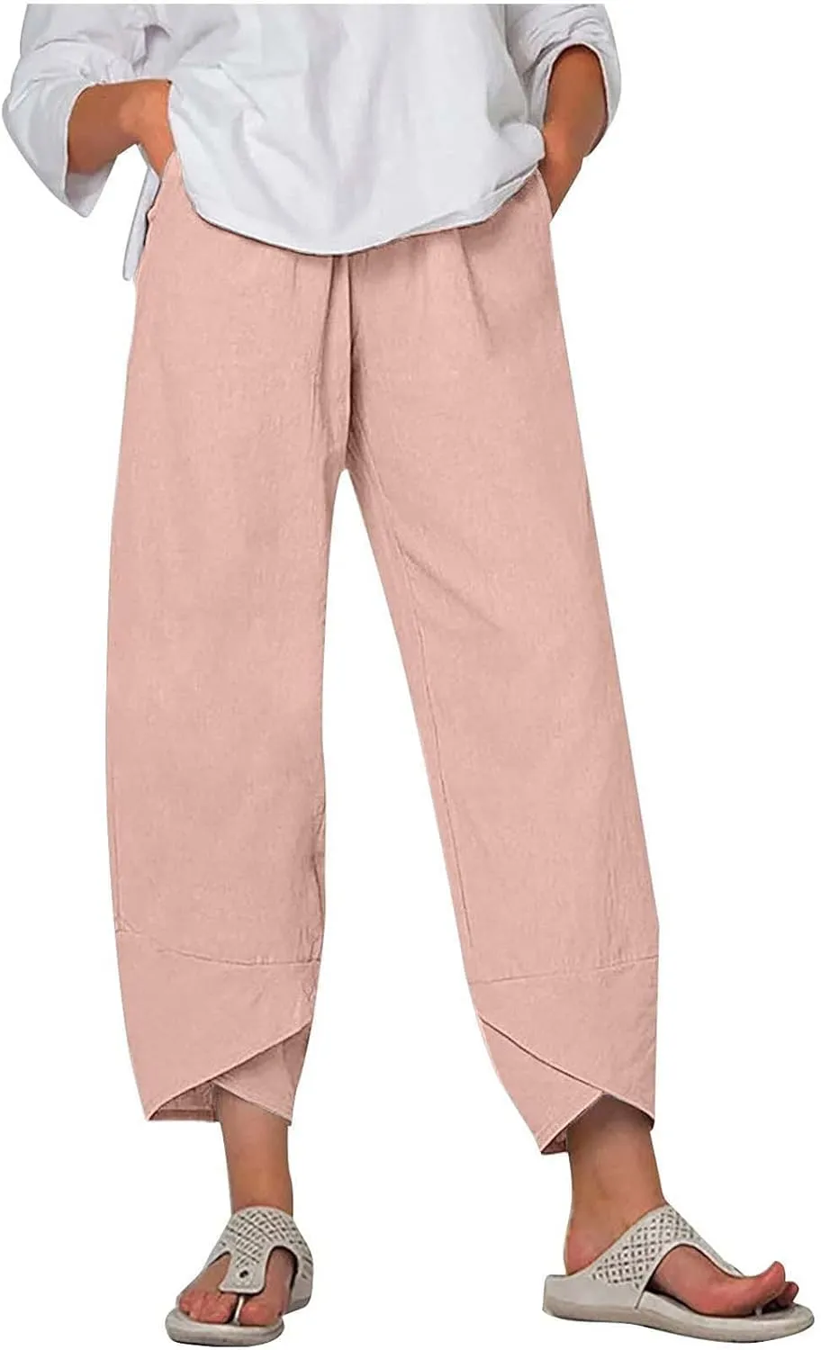 Womens Cotton Linen Tapered Capris Pants with Pokets 2025 Summer High Waist Pants Beach Casual Lounge Plus Size