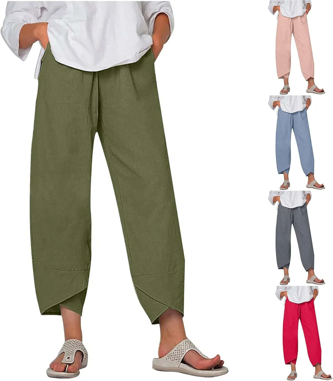 Womens Cotton Linen Tapered Capris Pants with Pokets 2025 Summer High Waist Pants Beach Casual Lounge Plus Size