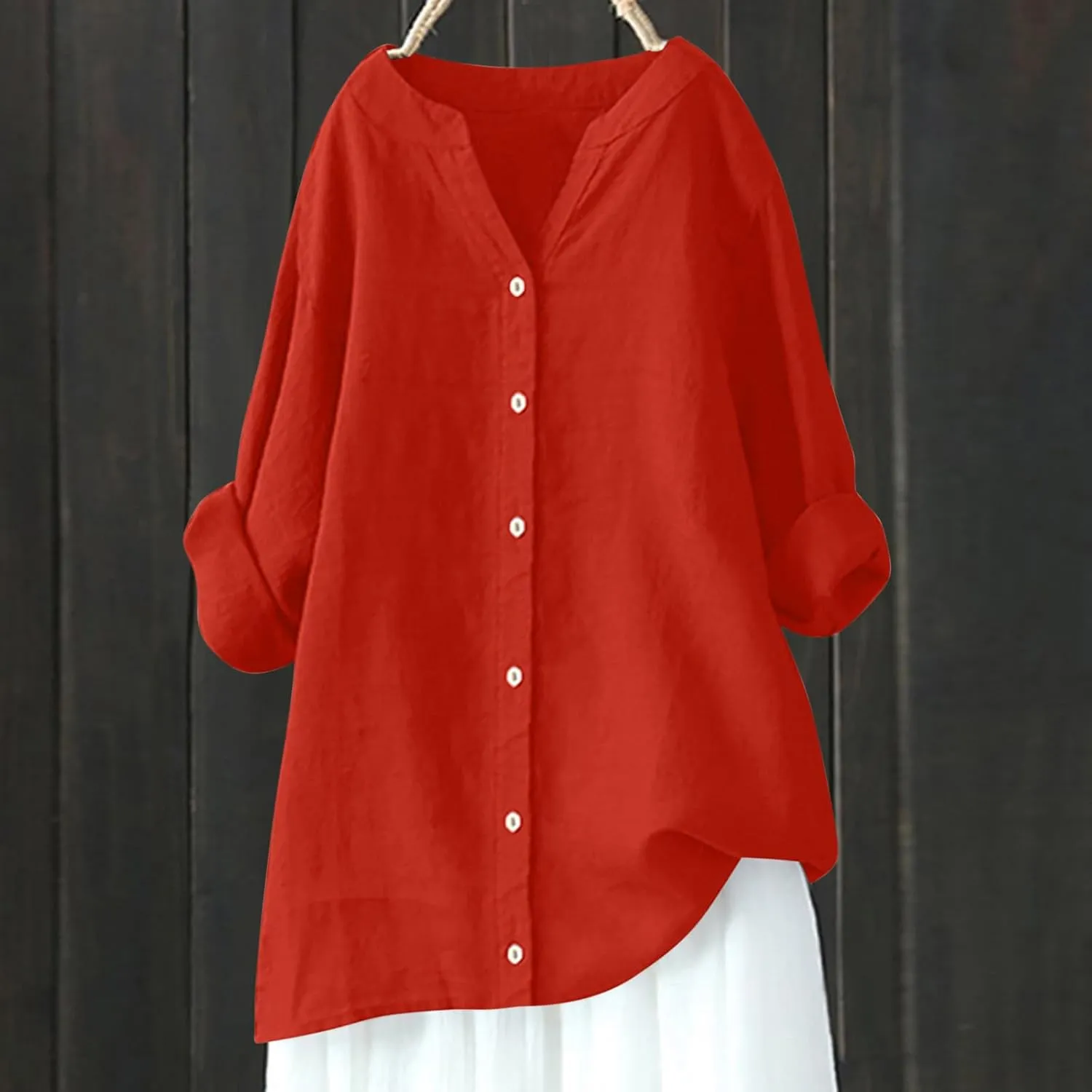 Womens Cotton Linen Tunic Tops Boho Peasant Summer Tops Long Sleeve Button Down Shirts Blouse Dressy Casual Clothing