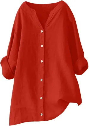 Womens Cotton Linen Tunic Tops Boho Peasant Summer Tops Long Sleeve Button Down Shirts Blouse Dressy Casual Clothing