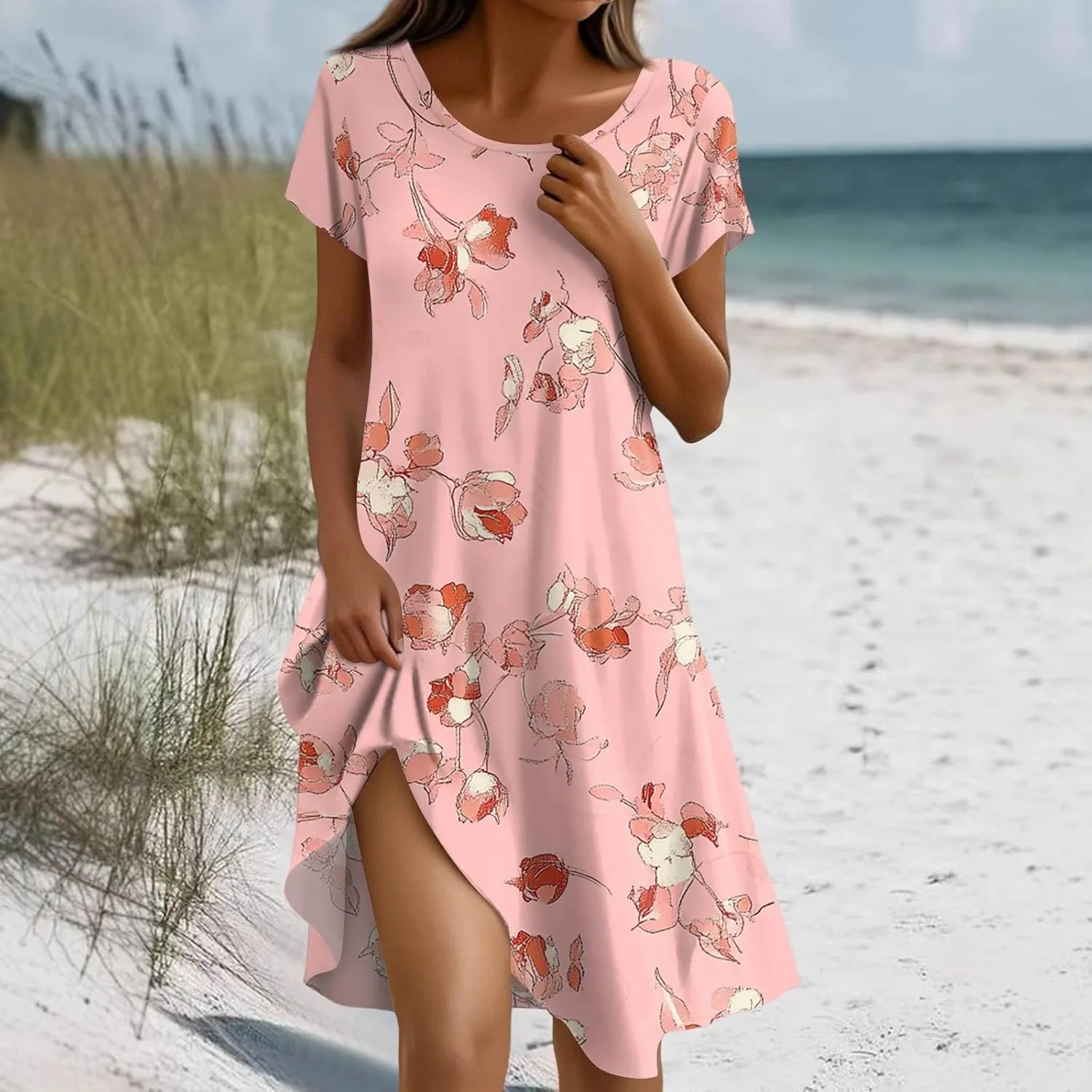 Women's Crew Neck Dresses Casual Sundress Beach Summer Short Sleeve Floral Knee Length A-Line with Pockets