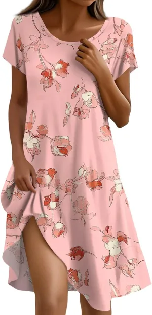 Women's Crew Neck Dresses Casual Sundress Beach Summer Short Sleeve Floral Knee Length A-Line with Pockets