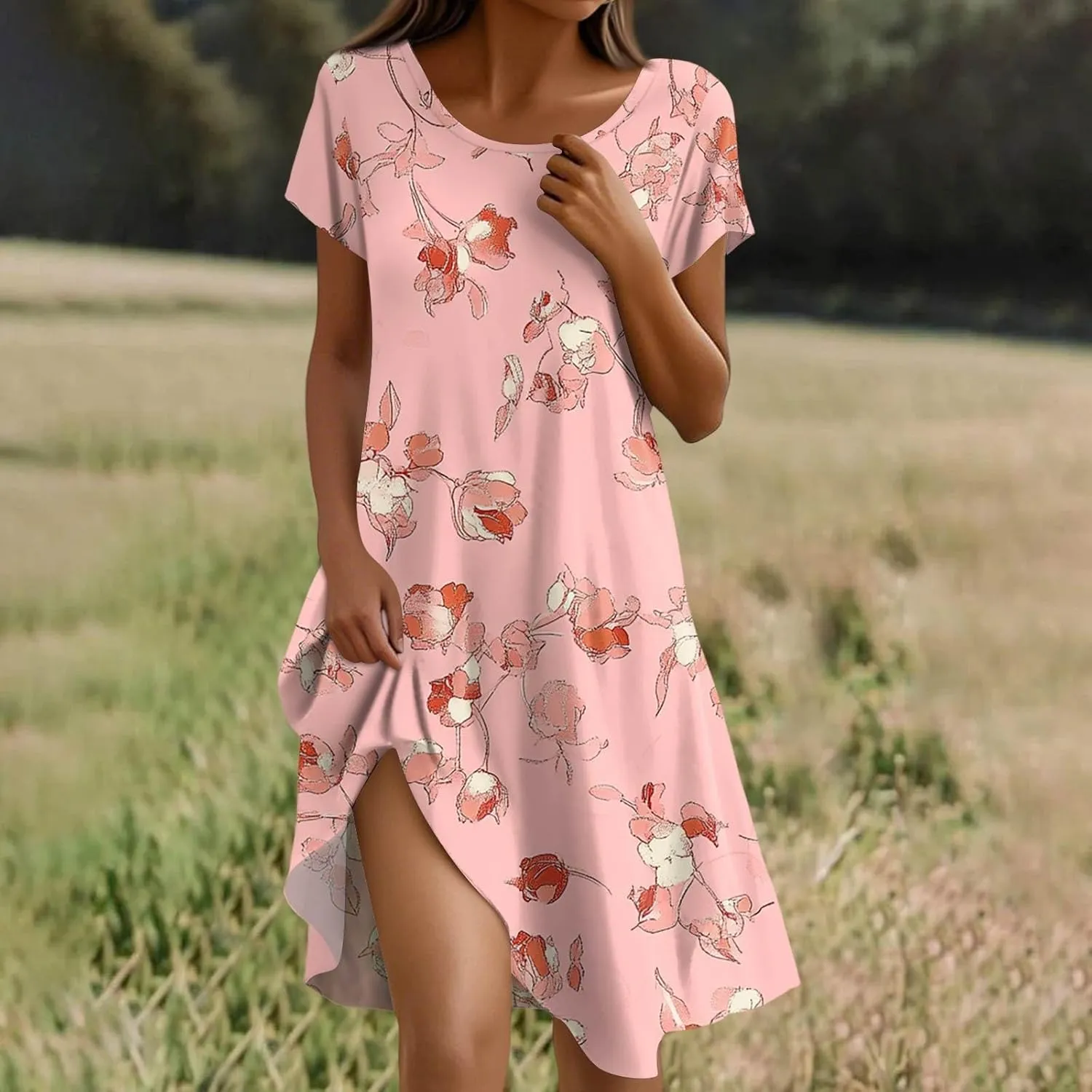 Women's Crew Neck Dresses Casual Sundress Beach Summer Short Sleeve Floral Knee Length A-Line with Pockets