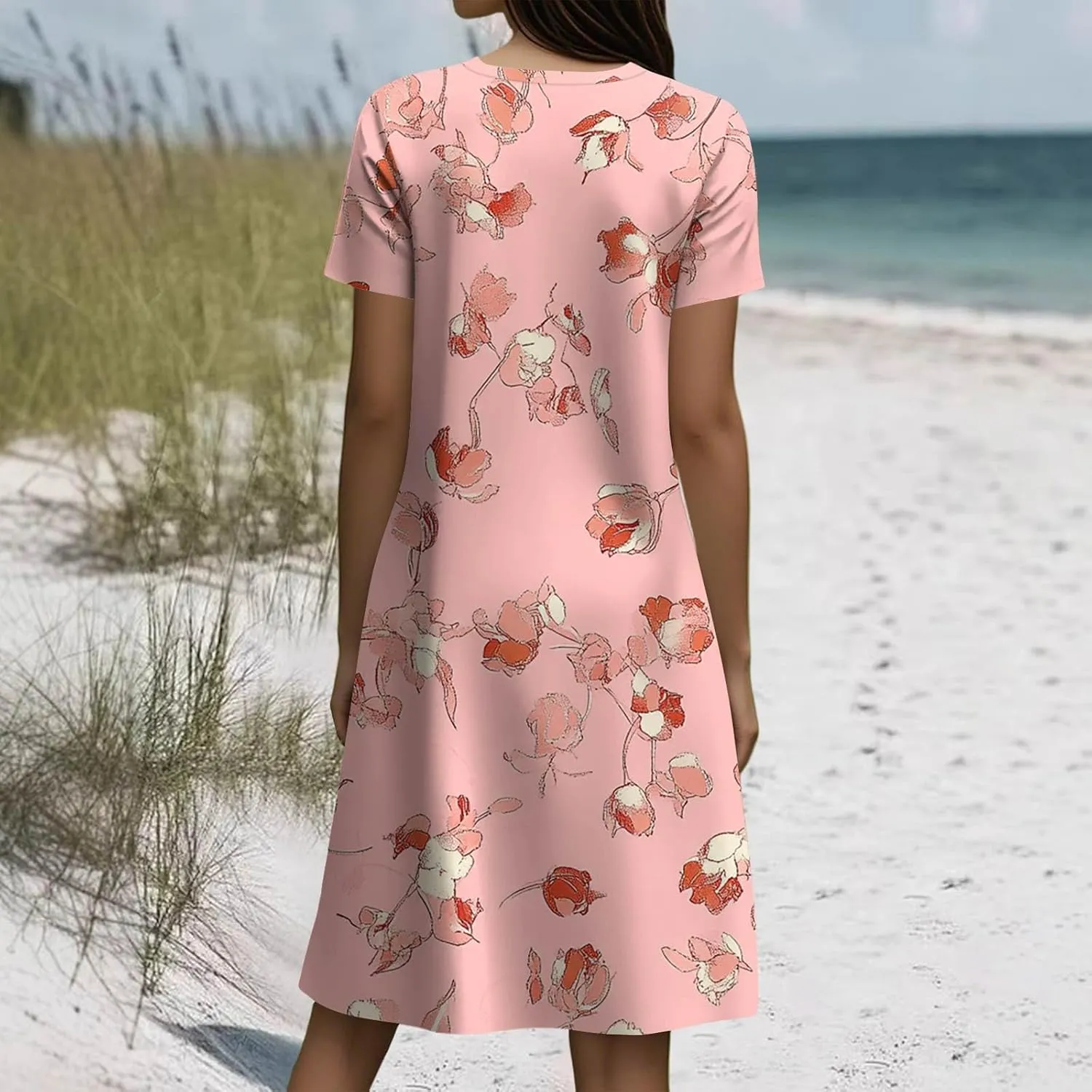 Women's Crew Neck Dresses Casual Sundress Beach Summer Short Sleeve Floral Knee Length A-Line with Pockets