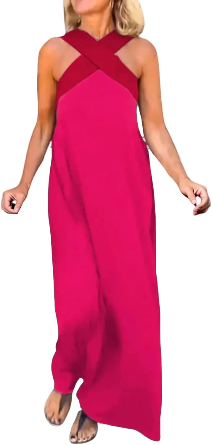 Women's Cross Halter Neck Sleeveless Stitching Dress2025 Summer Loose Flowy Sundress Backless Maxi Dress