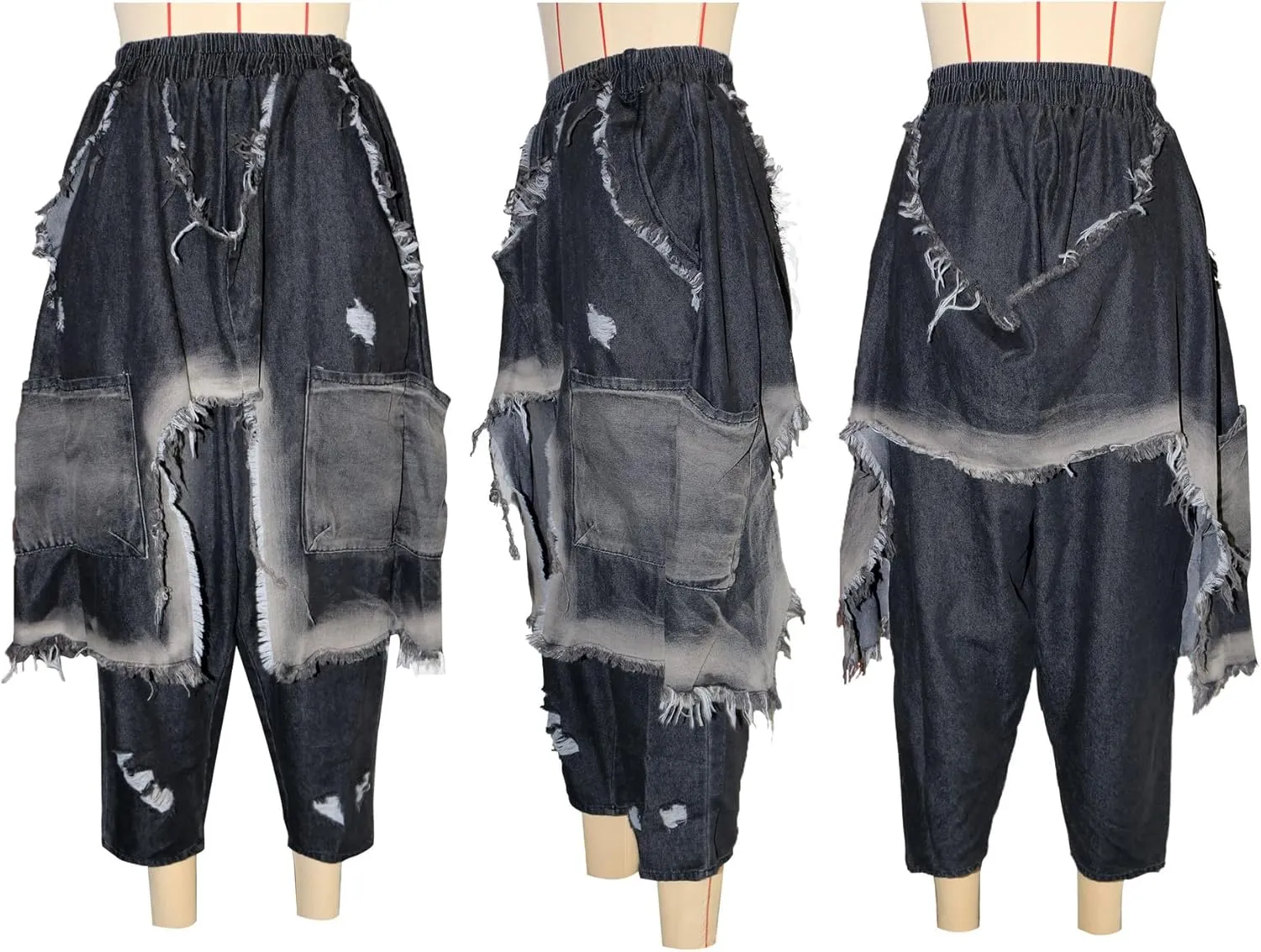 Women's Denim Harem Pants Patchwork Ripped Jeans Elastic Waist Loose Stretchy Trendy Barrel Jeans with Pockets
