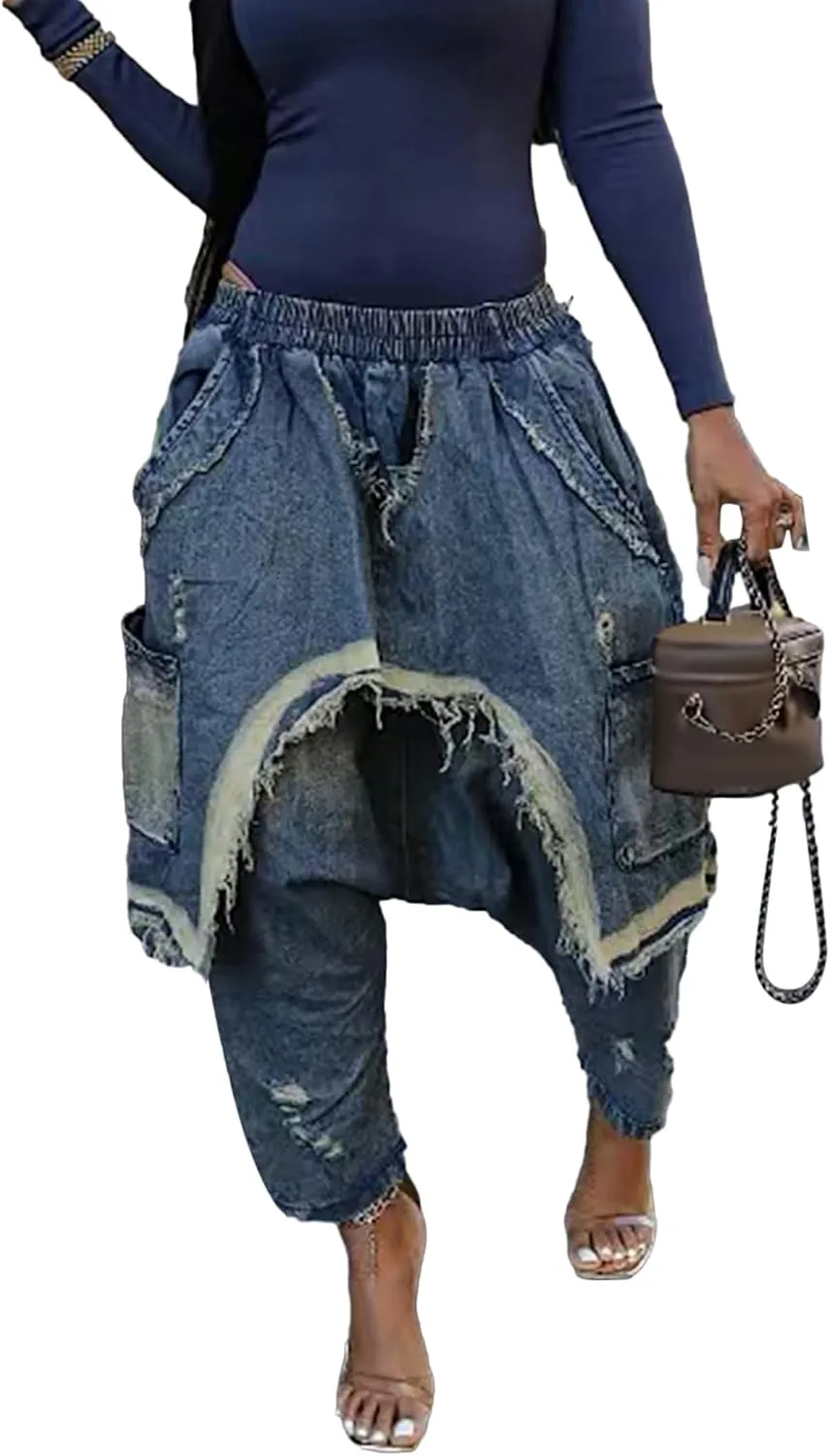 Women's Denim Harem Pants Patchwork Ripped Jeans Elastic Waist Loose Stretchy Trendy Barrel Jeans with Pockets