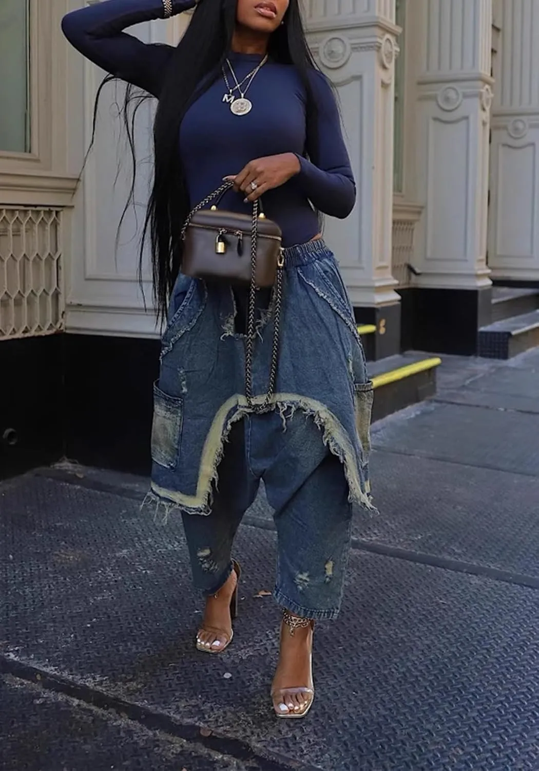 Women's Denim Harem Pants Patchwork Ripped Jeans Elastic Waist Loose Stretchy Trendy Barrel Jeans with Pockets