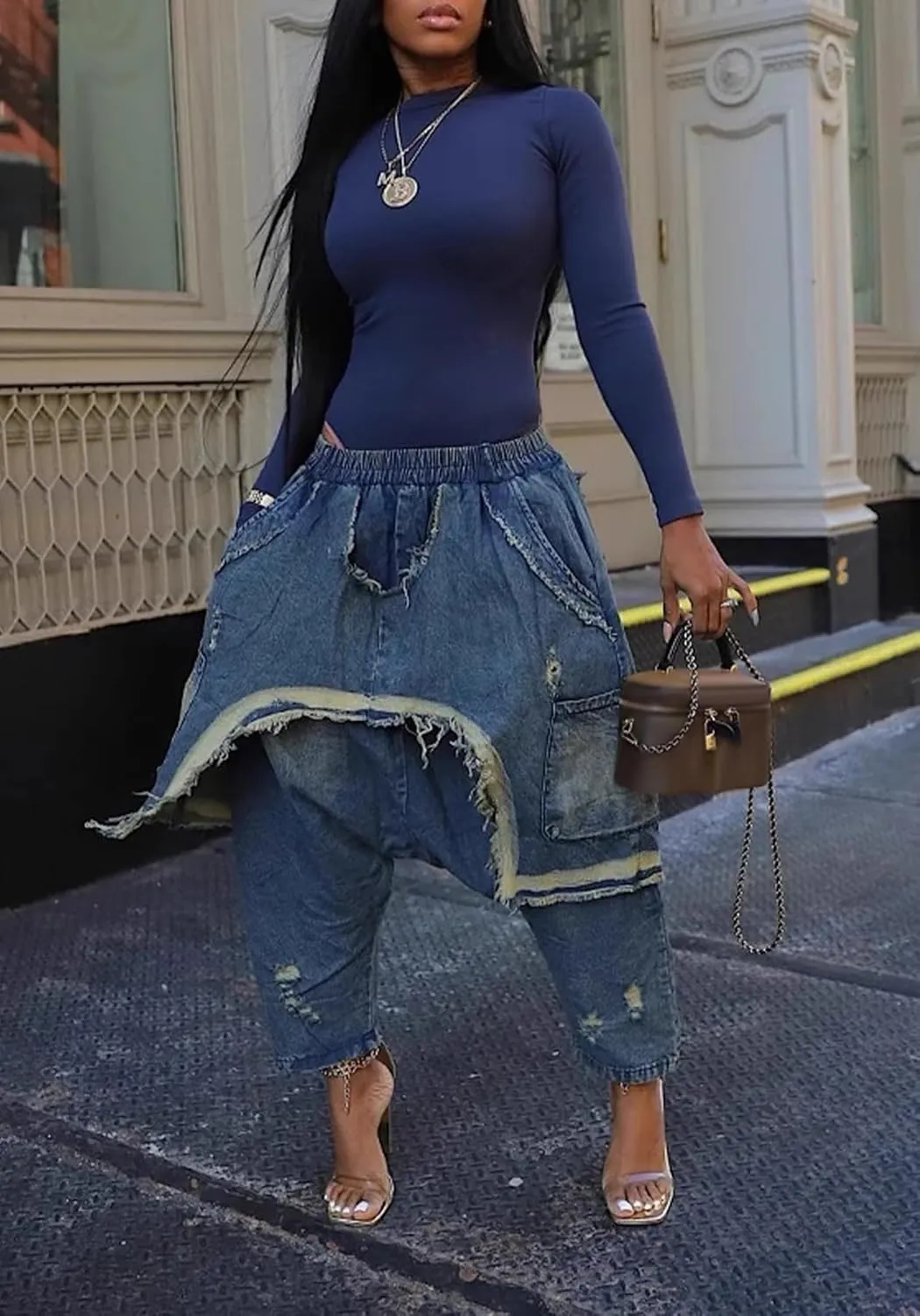 Women's Denim Harem Pants Patchwork Ripped Jeans Elastic Waist Loose Stretchy Trendy Barrel Jeans with Pockets