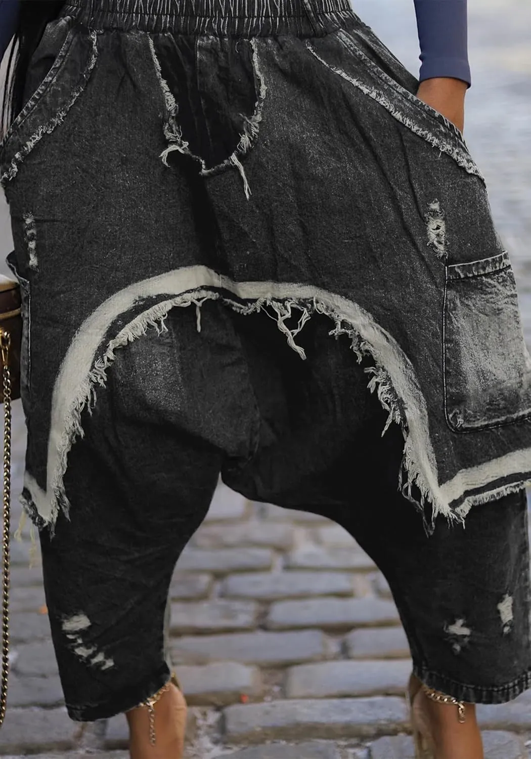 Women's Denim Harem Pants Patchwork Ripped Jeans Elastic Waist Loose Stretchy Trendy Barrel Jeans with Pockets