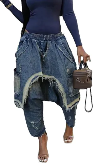 Women's Denim Harem Pants Patchwork Ripped Jeans Elastic Waist Loose Stretchy Trendy Barrel Jeans with Pockets