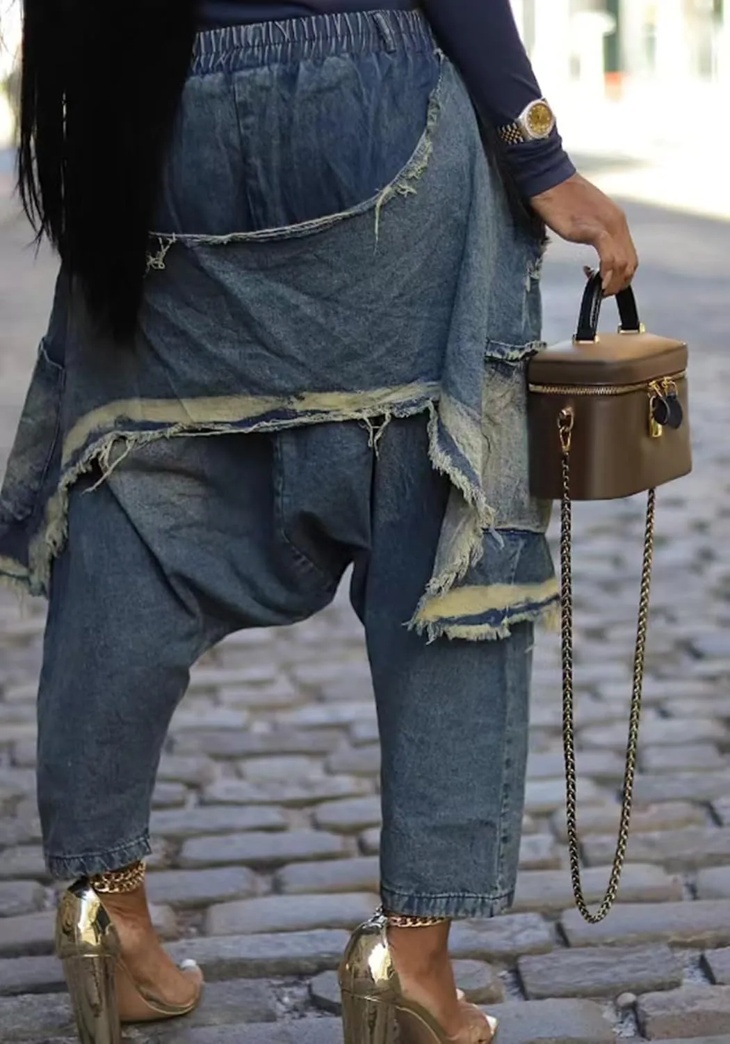 Women's Denim Harem Pants Patchwork Ripped Jeans Elastic Waist Loose Stretchy Trendy Barrel Jeans with Pockets