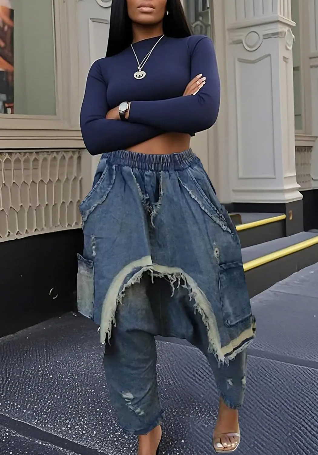 Women's Denim Harem Pants Patchwork Ripped Jeans Elastic Waist Loose Stretchy Trendy Barrel Jeans with Pockets