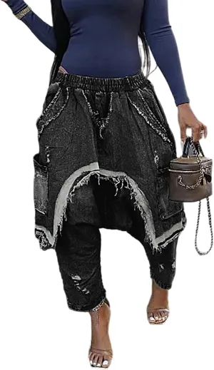 Women's Denim Harem Pants Patchwork Ripped Jeans Elastic Waist Loose Stretchy Trendy Barrel Jeans with Pockets