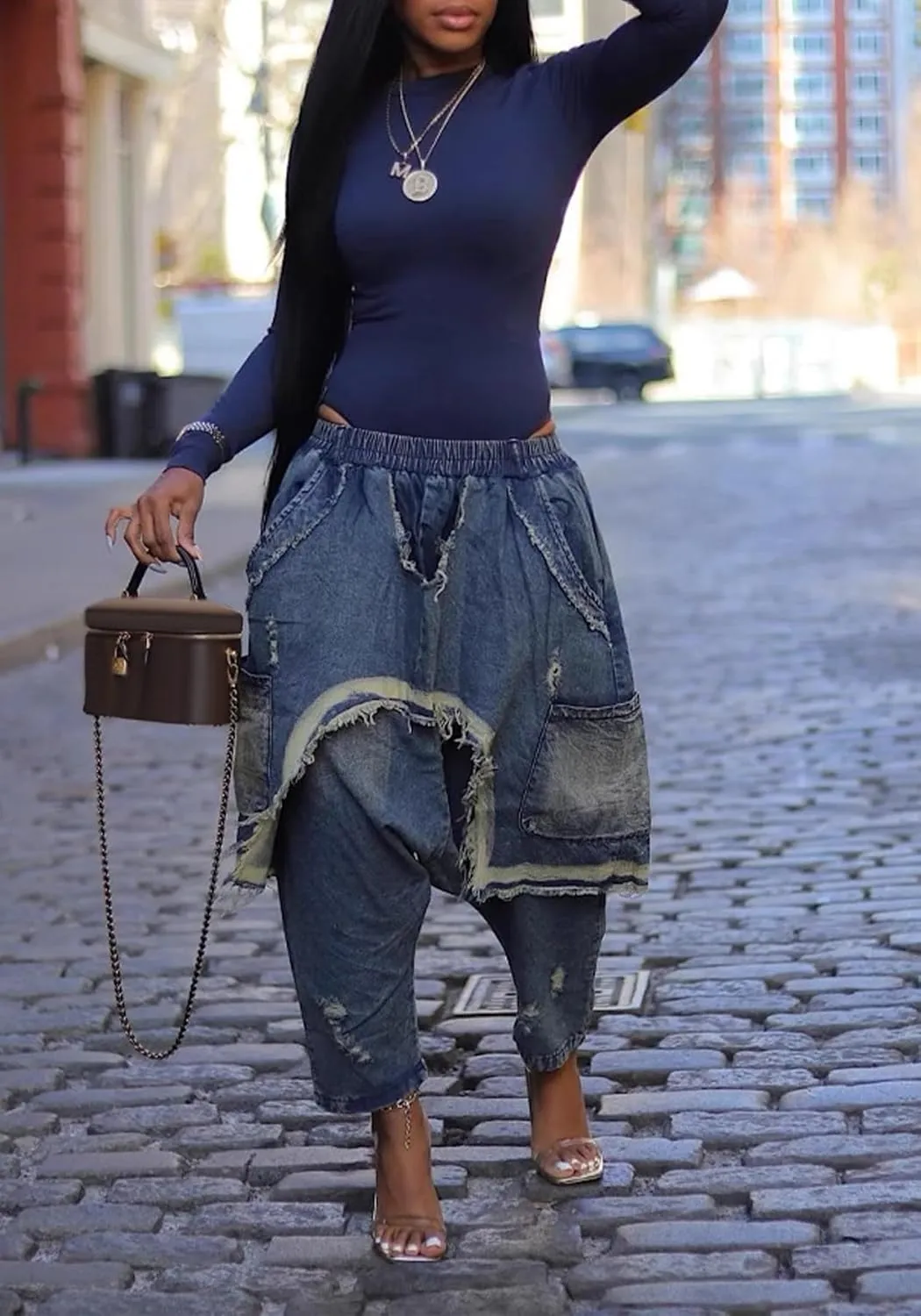 Women's Denim Harem Pants Patchwork Ripped Jeans Elastic Waist Loose Stretchy Trendy Barrel Jeans with Pockets