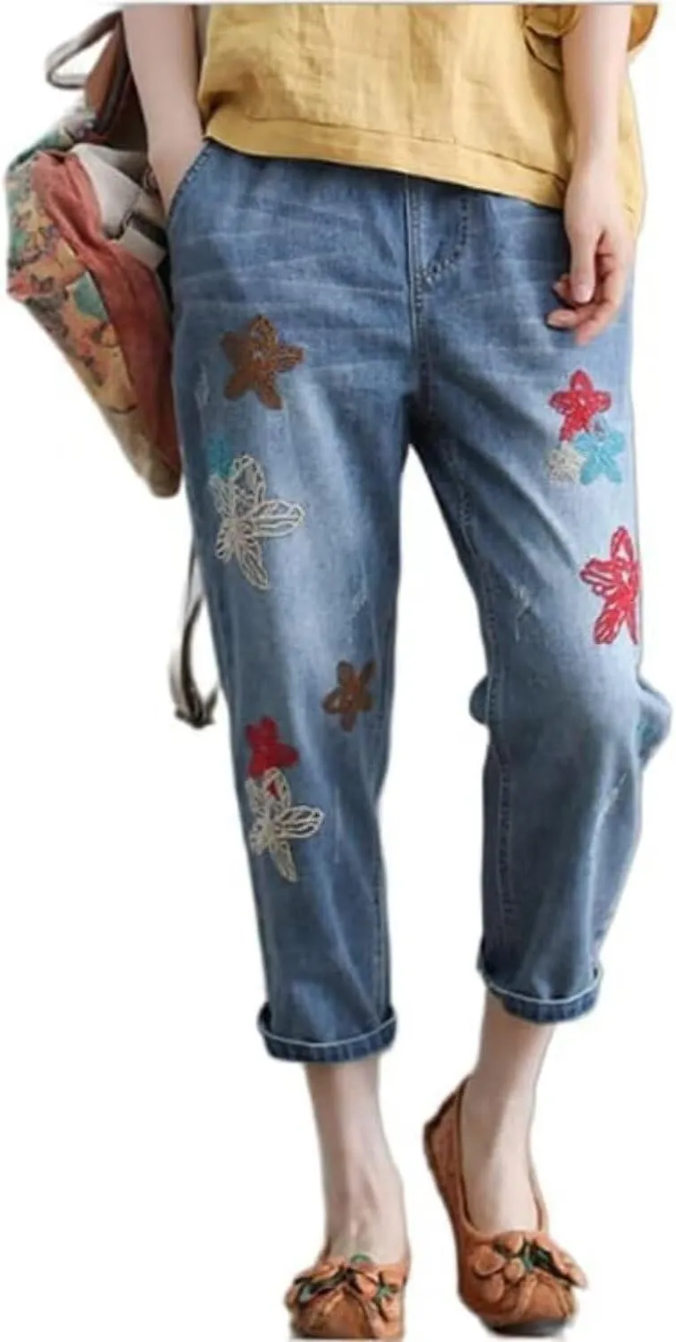 Womens Elastic Waist Cropped Denim Jeans Loose Drawstring Floral Embroidered Capri Jeans Cotton Harem Denim Pants