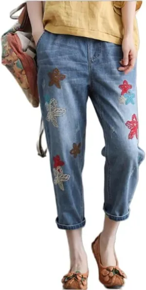 Womens Elastic Waist Cropped Denim Jeans Loose Drawstring Floral Embroidered Capri Jeans Cotton Harem Denim Pants