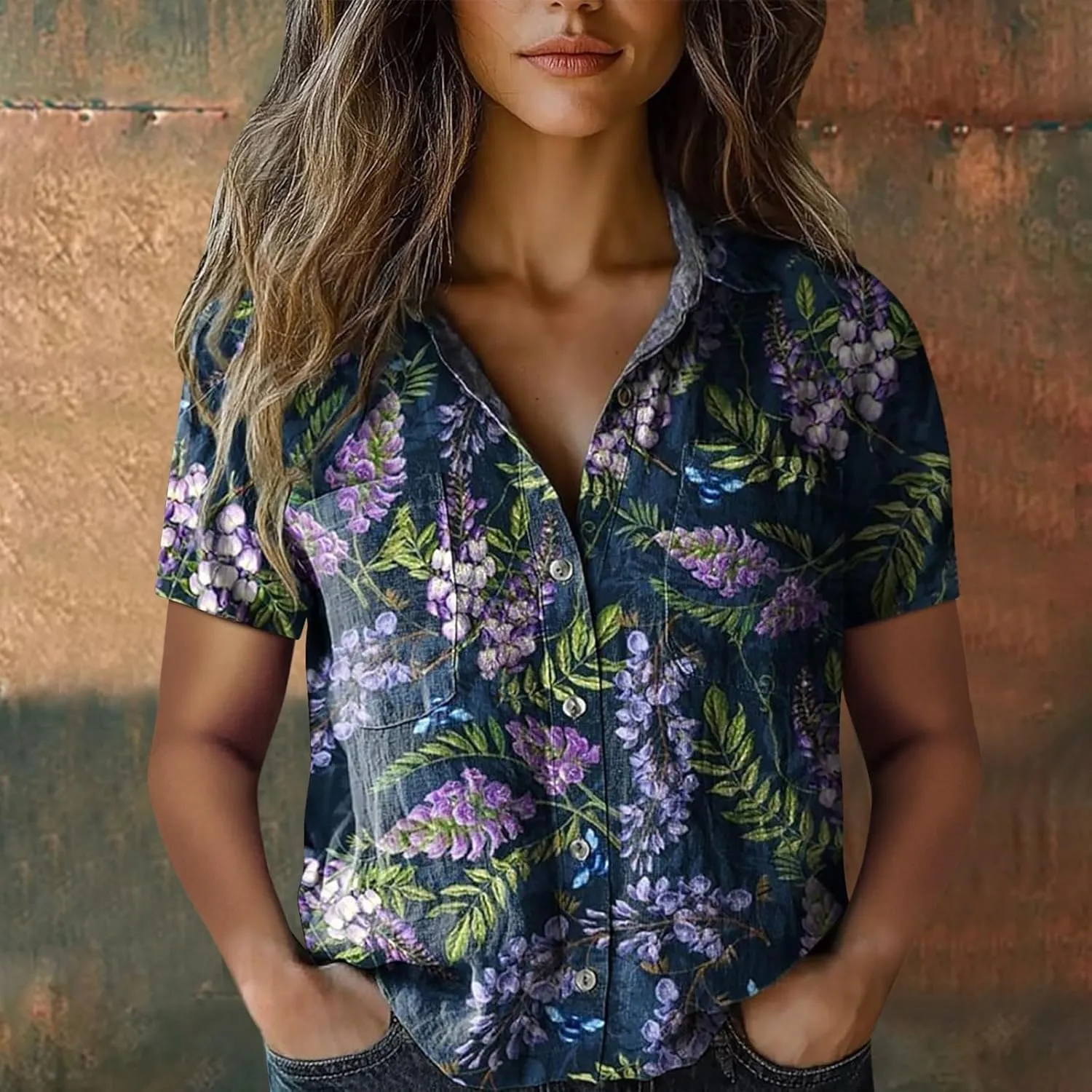 Womens Ethnic Shirts Floral Print Button Down Shirt Fashion Linen Short Sleeve Blouse Retro Boho Clothes Casual Tops