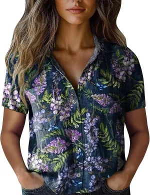 Womens Ethnic Shirts Floral Print Button Down Shirt Fashion Linen Short Sleeve Blouse Retro Boho Clothes Casual Tops