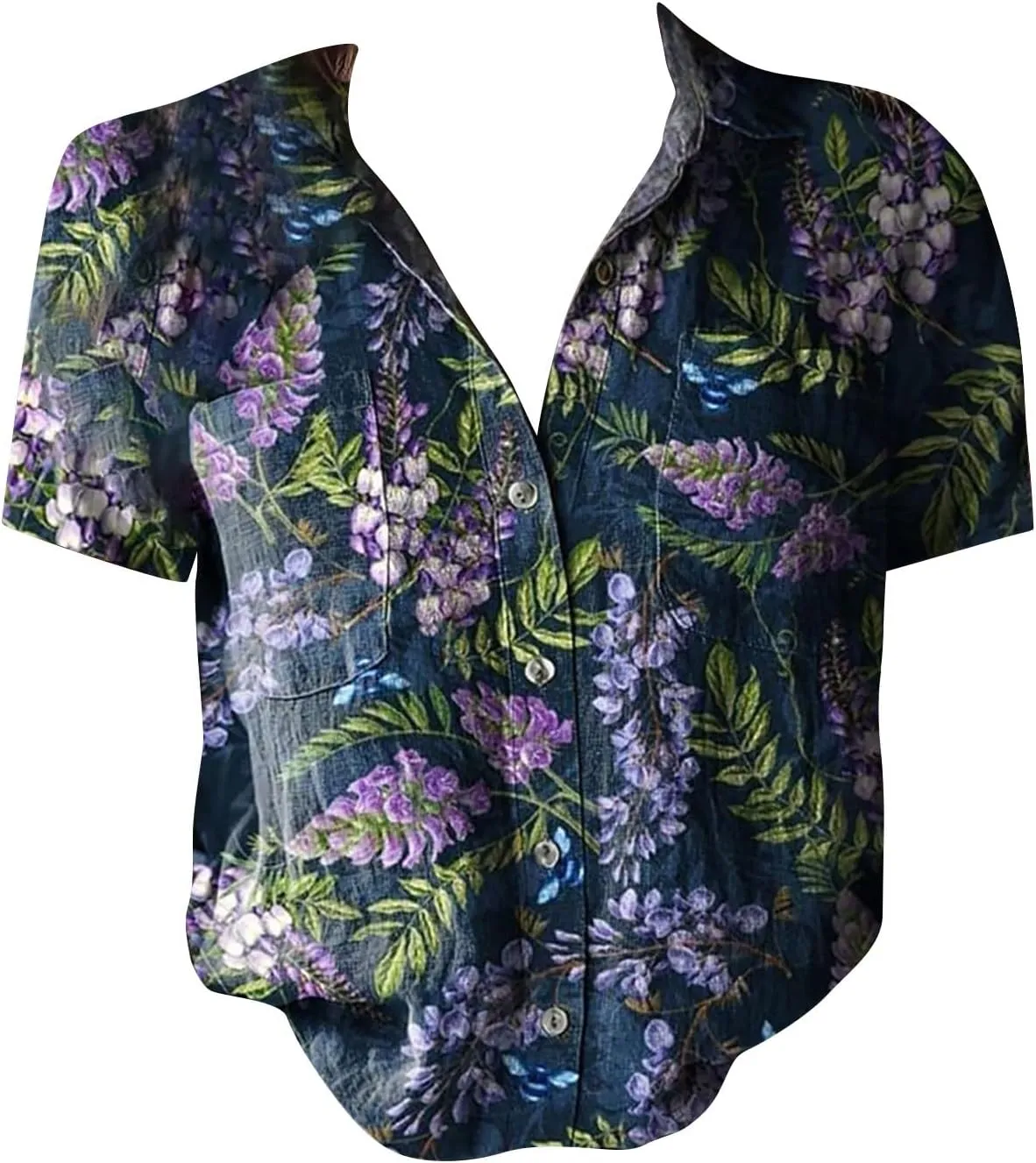 Womens Ethnic Shirts Floral Print Button Down Shirt Fashion Linen Short Sleeve Blouse Retro Boho Clothes Casual Tops