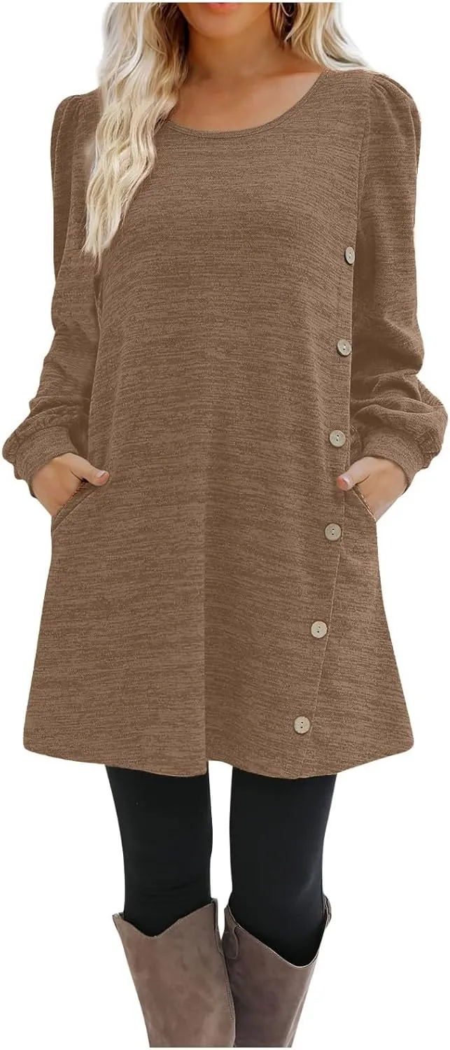 Women's Fall Casual Trendy Long Sleeve Crew Solid Button Midi Sun Dresses,S-3XL
