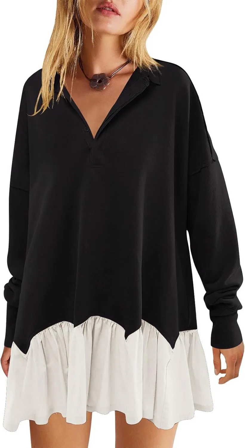 Womens Fall Midi Dresses 2024 Oversized Sweatshirts Long Sleeve Crewneck Pleated Pullover Mini Dress Fall Outfits