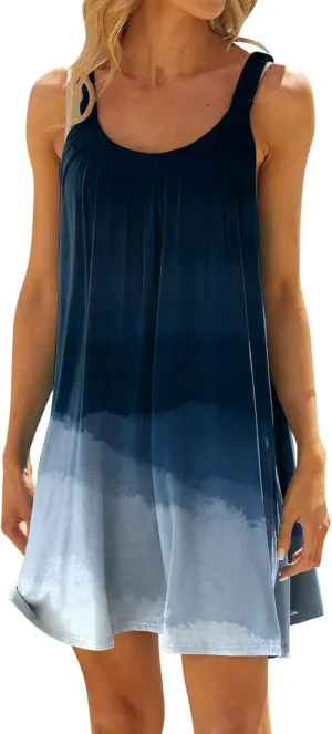 Women's Fashion Summer Casual Vest Sleeveless Bohemian Print Loose Tank Large Dress Blossoms Strap Dress